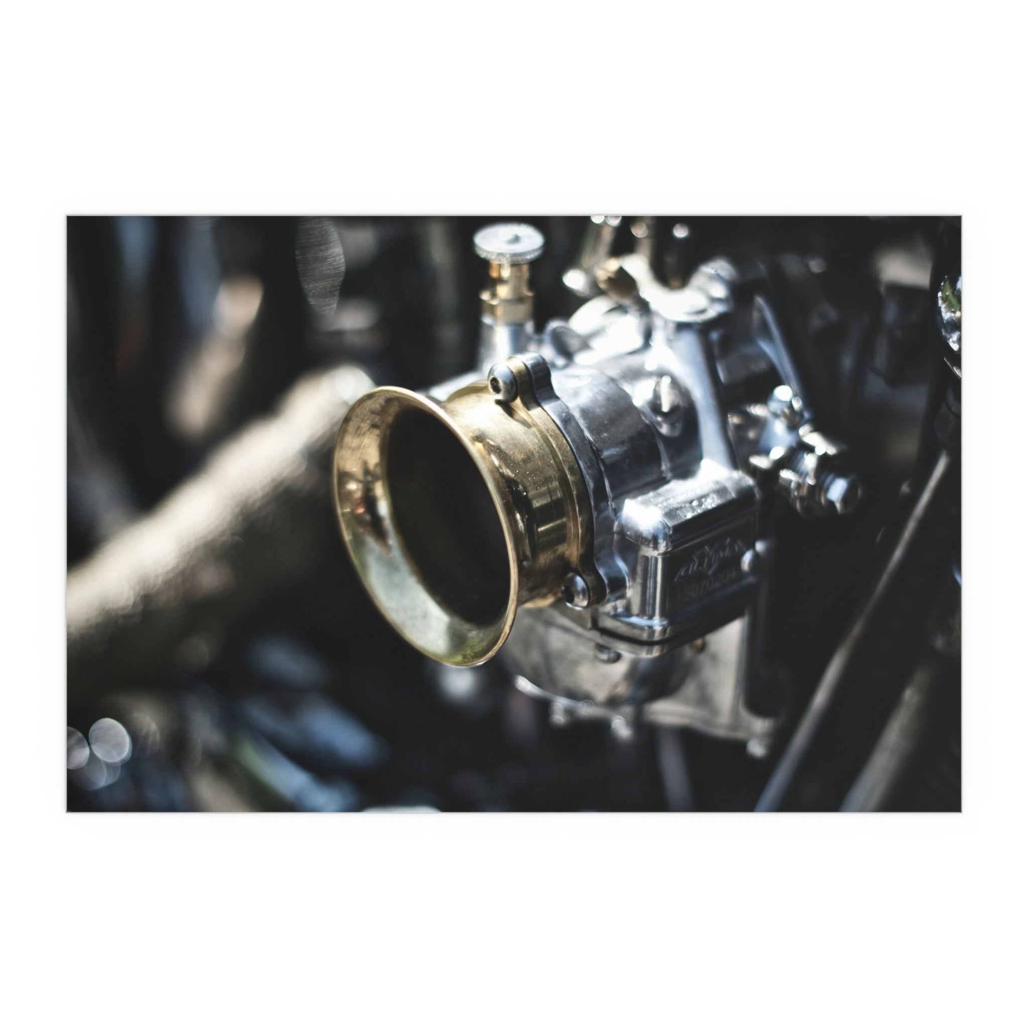 Vintage Carburetor Photography Silk Poster | Automotive Wall Art, Mechanical Close-Up