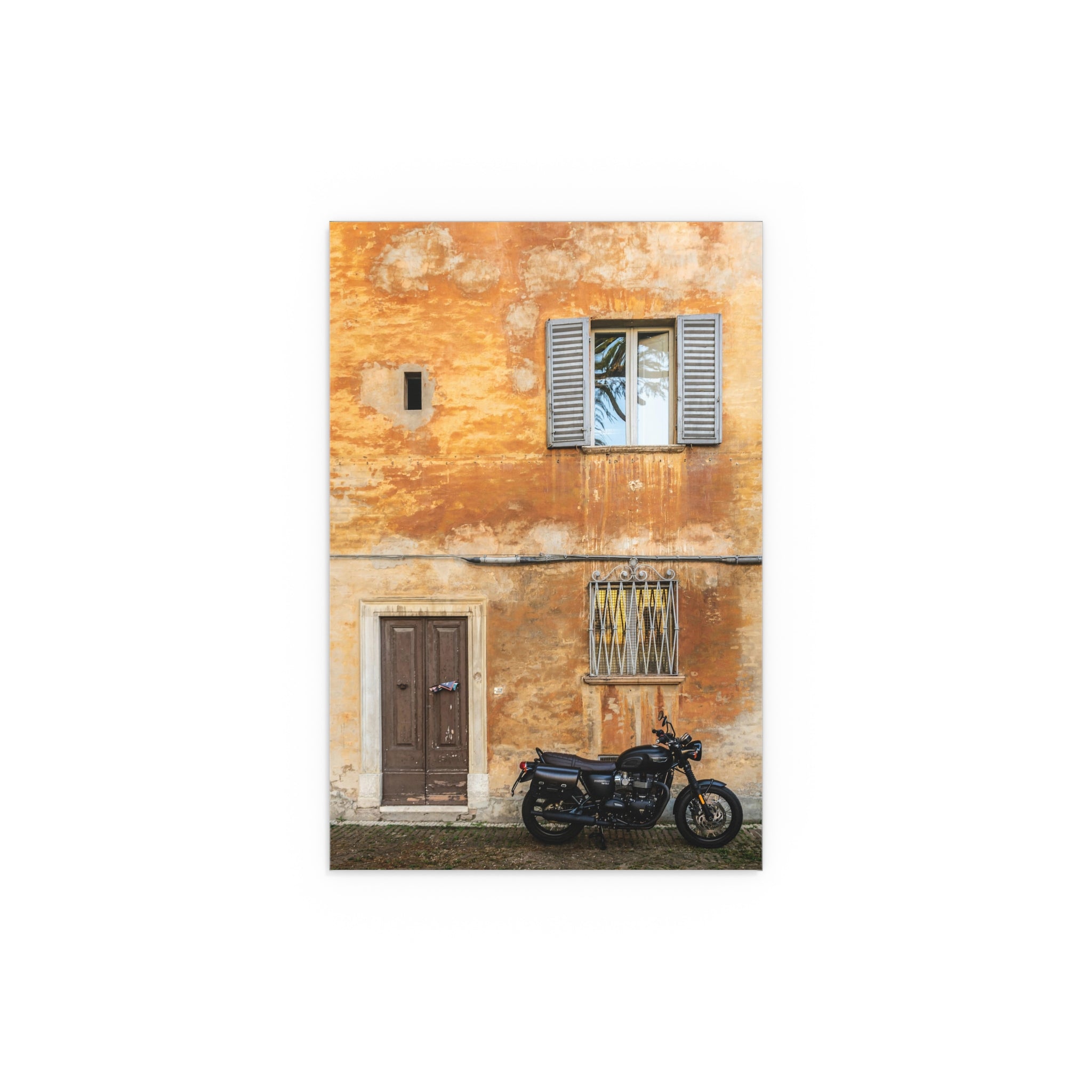 Vintage Yellow Facade with Motorcycle Silk Poster
