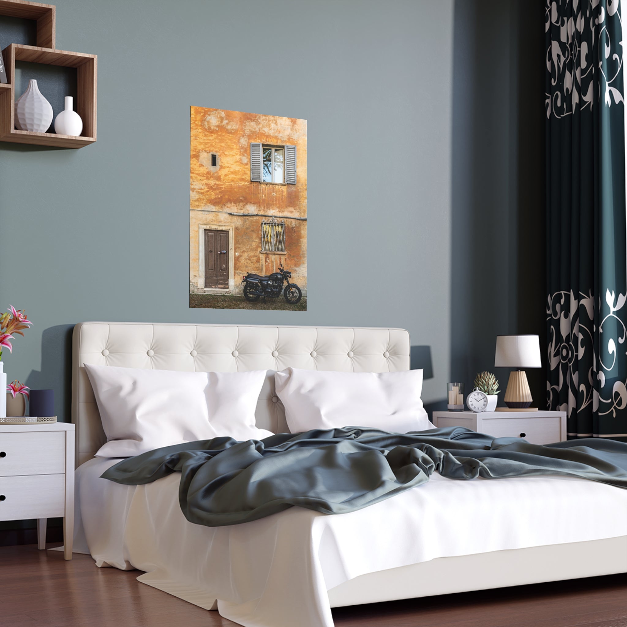 Vintage Yellow Facade with Motorcycle Silk Poster