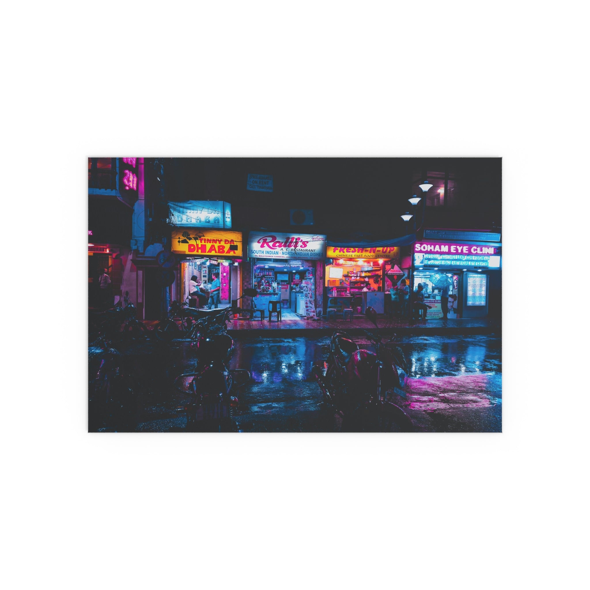 Neon City Nightscape Silk Poster | Urban Street Signs, Rainy Reflection