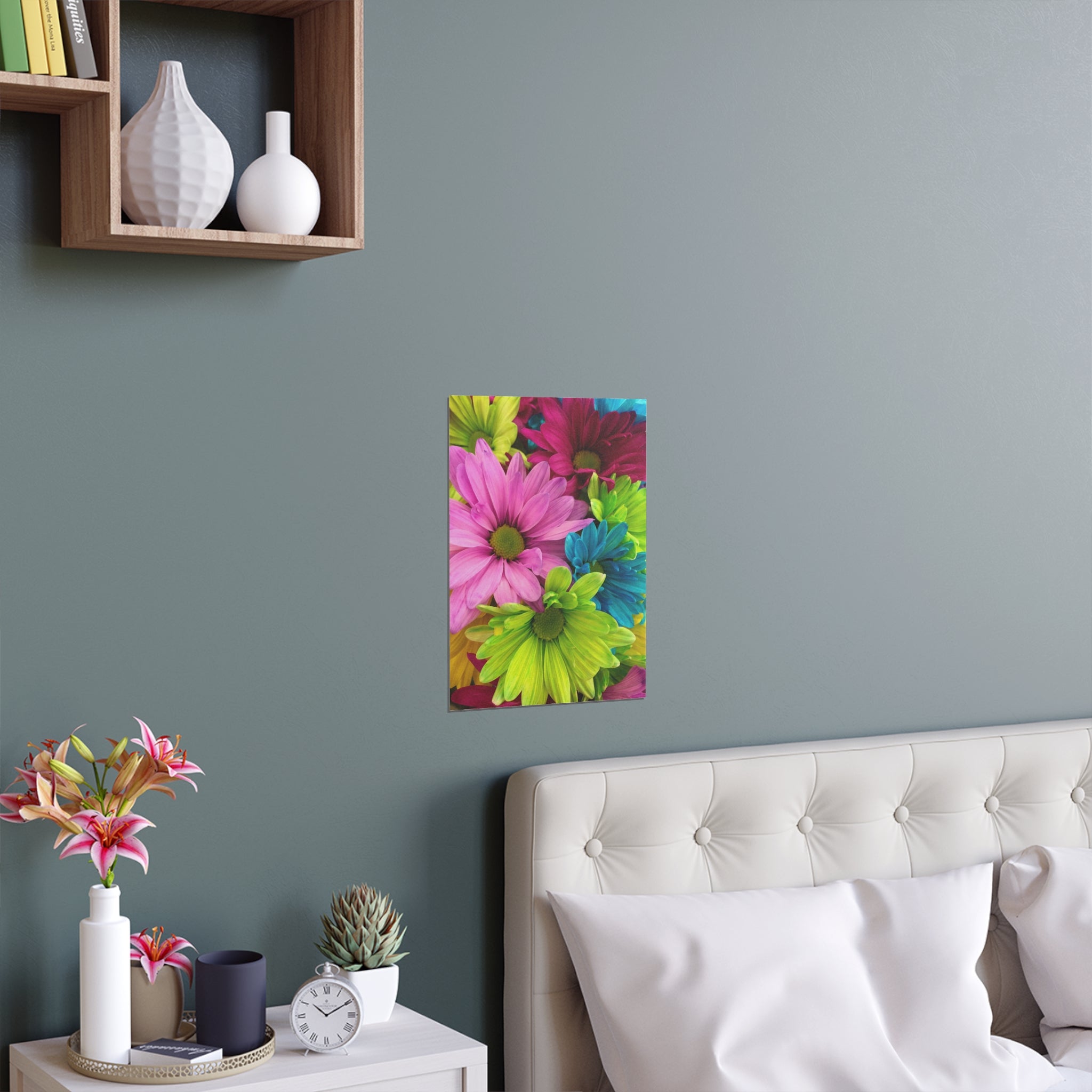 Bright Rainbow Daisy Floral Indoor Outdoor Silk Poster | Colorful Flower Wall Art