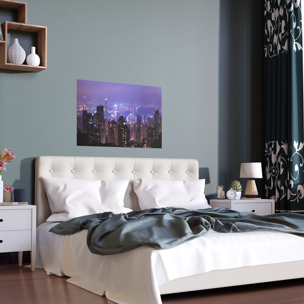 City Skyline at Night Silk Poster | Urban Neon Cityscape Poster