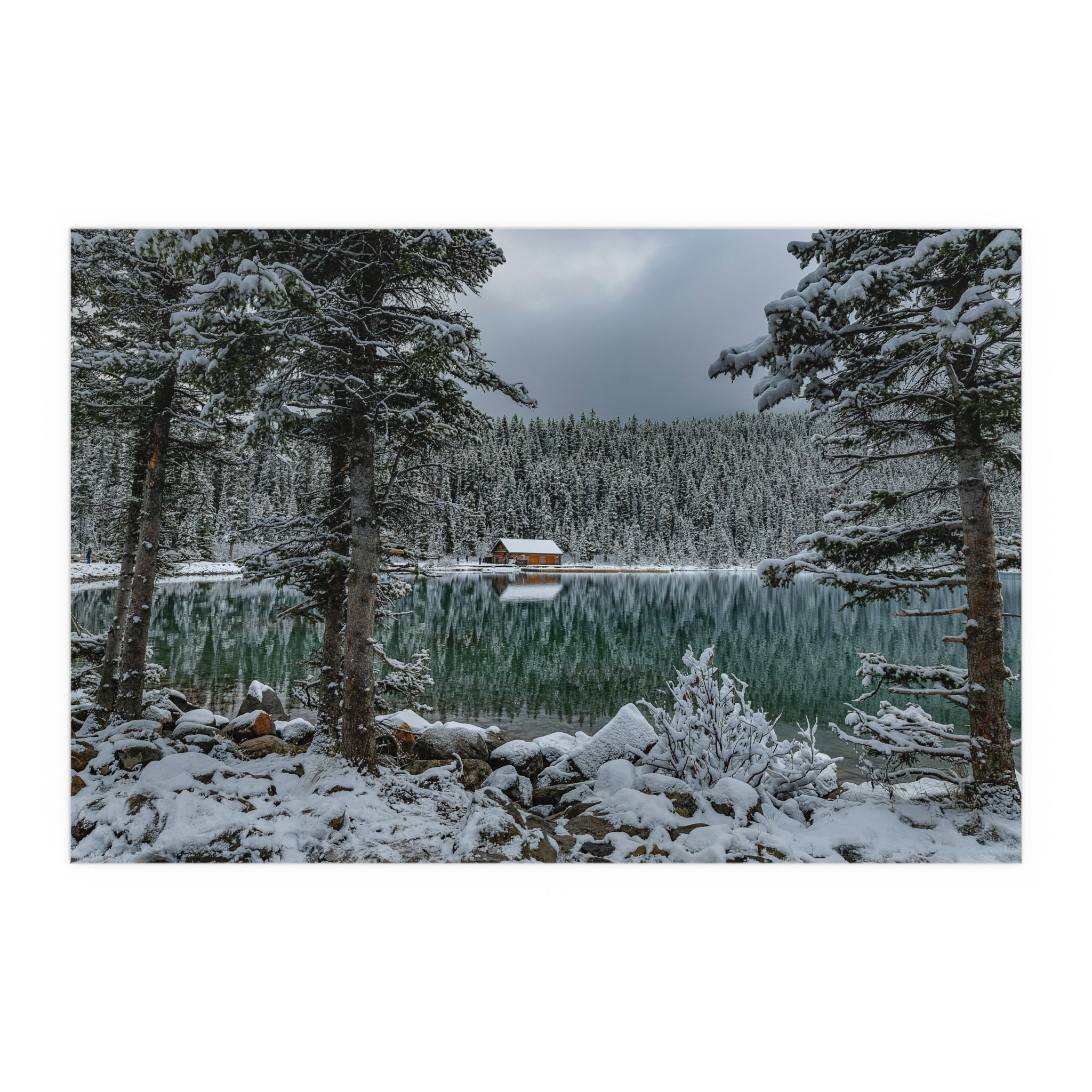 Snowy Pine Lake Cabin Poster | Silk Poster