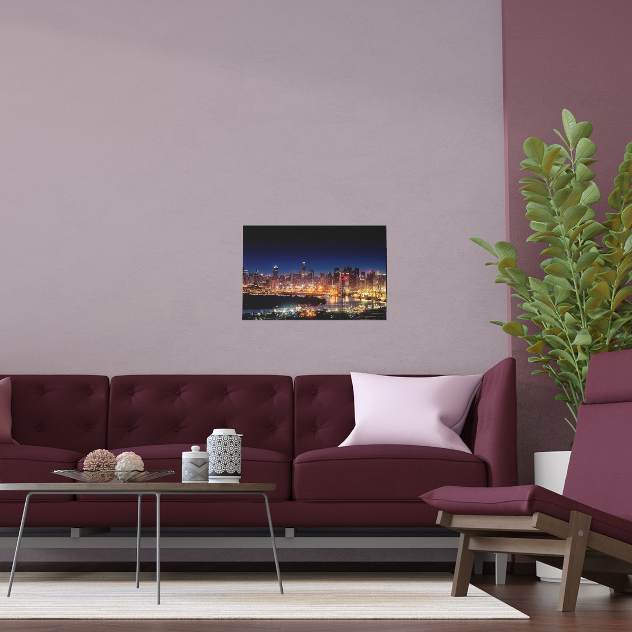 Night City Skyline Silk Poster | Urban Chicago Lights Wall Art