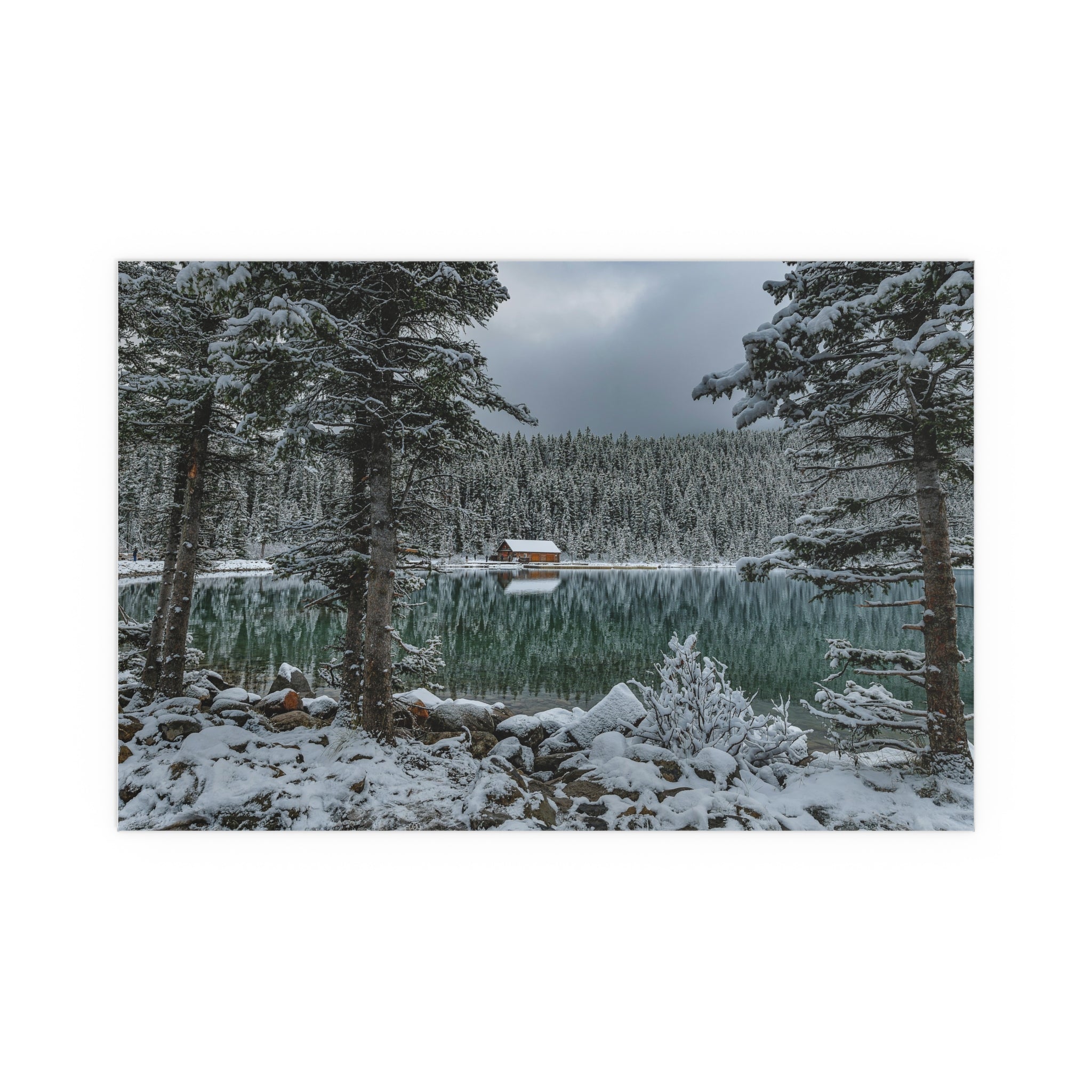 Snowy Pine Lake Cabin Poster | Silk Poster
