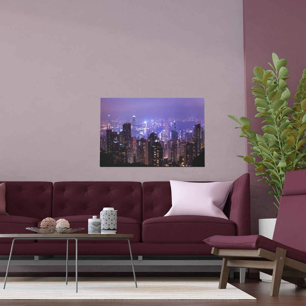 City Skyline at Night Silk Poster | Urban Neon Cityscape Poster