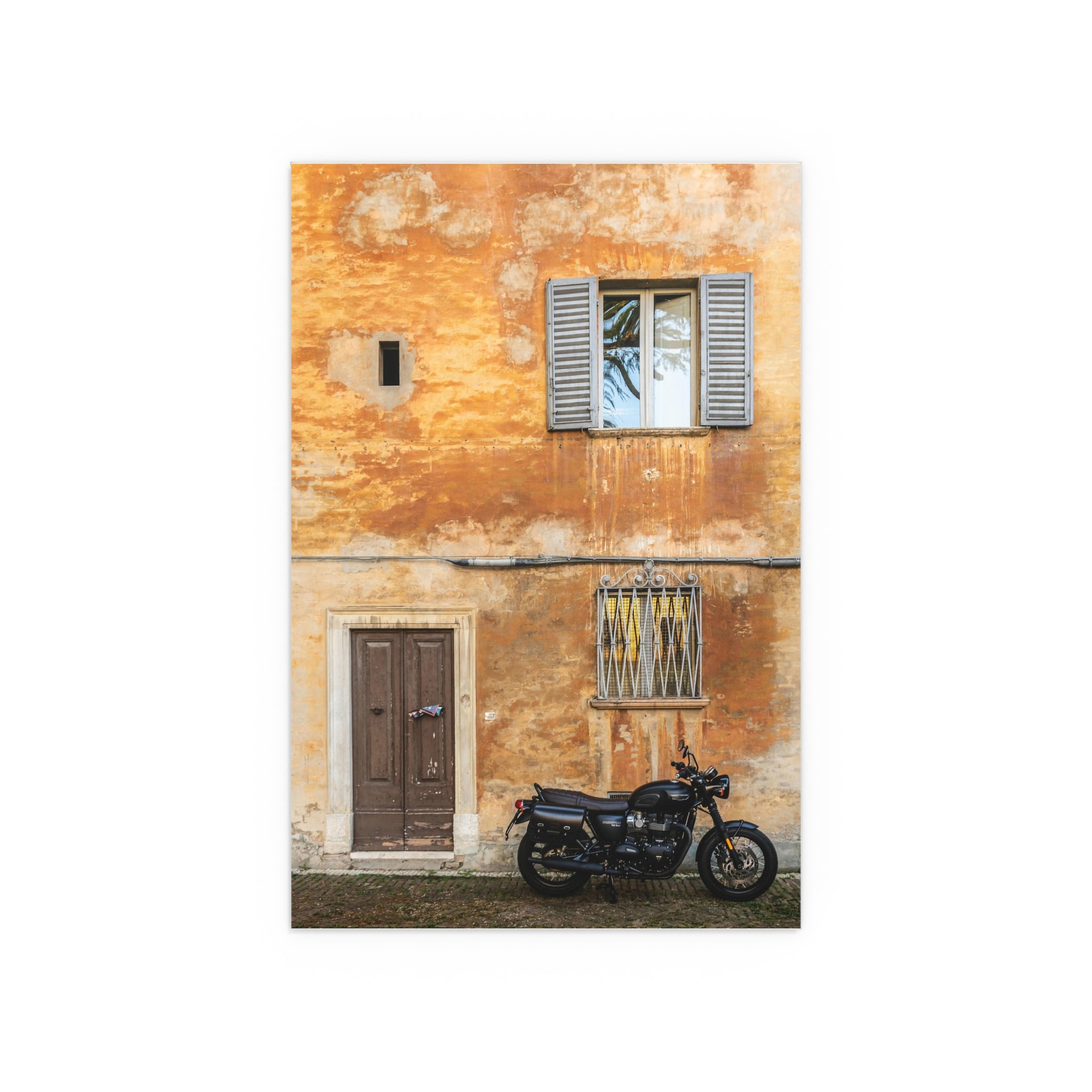 Vintage Yellow Facade with Motorcycle Silk Poster