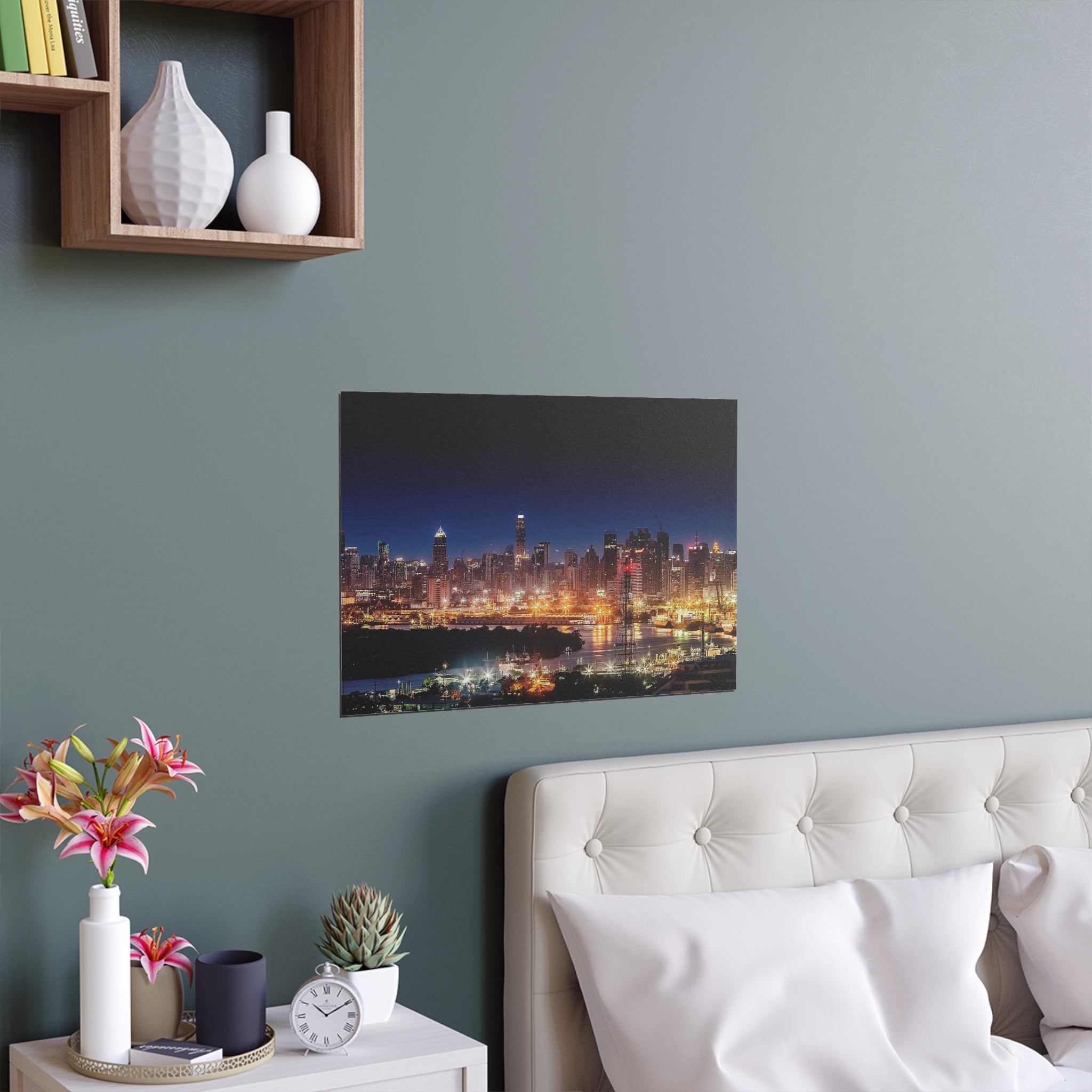 Night City Skyline Silk Poster | Urban Chicago Lights Wall Art