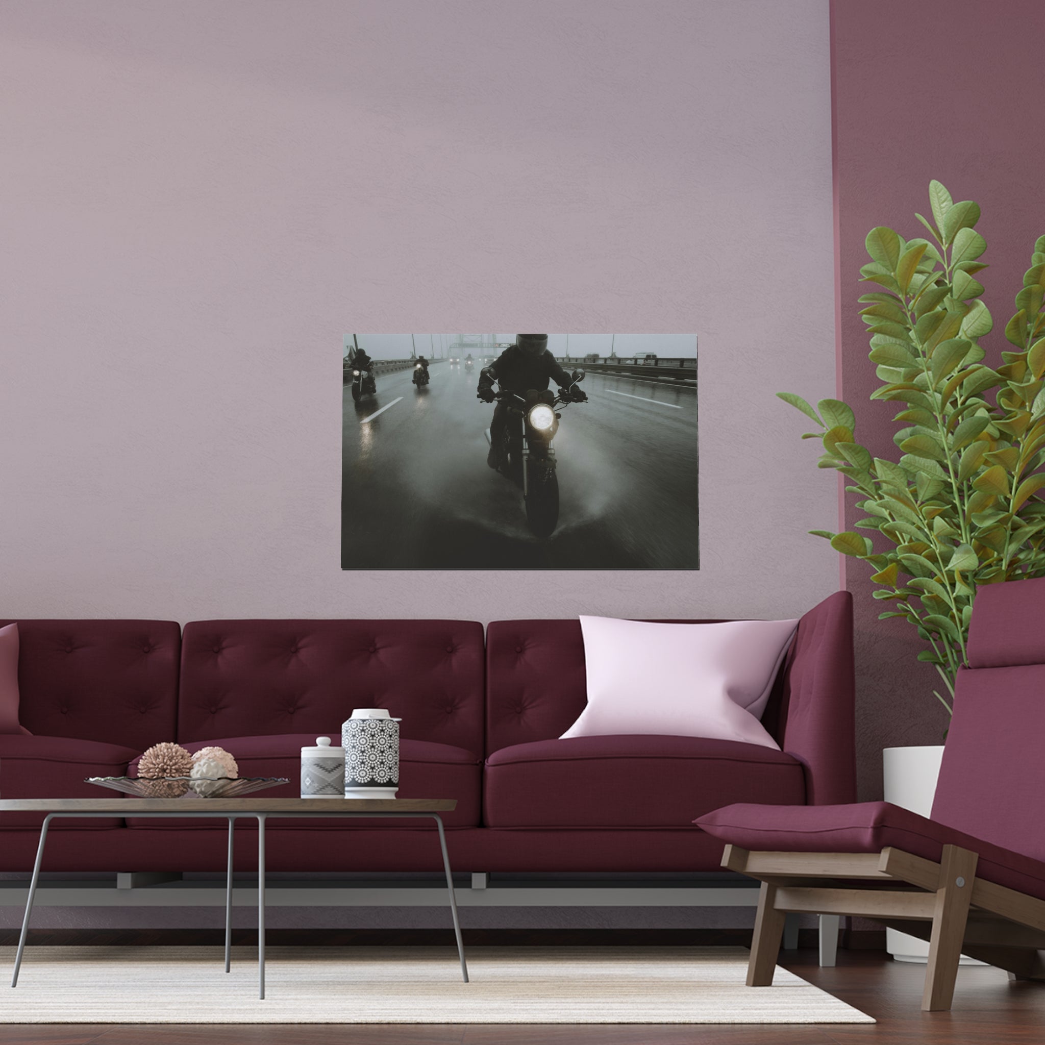 Motorcycle Riders in Rain Silk Poster | Indoor Outdoor
