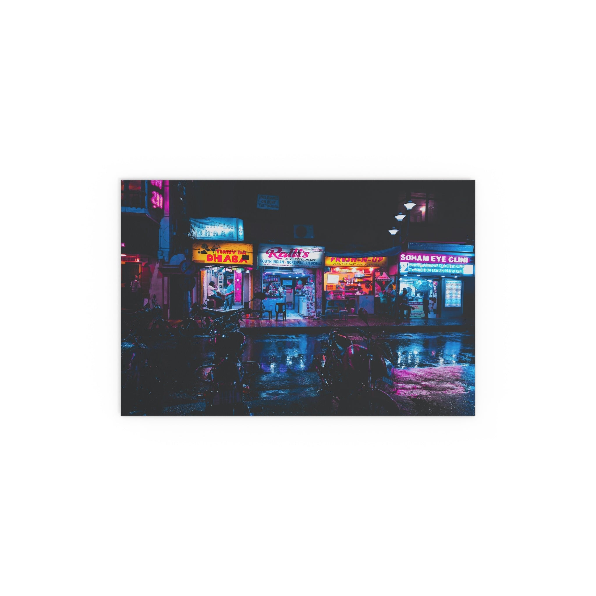 Neon City Nightscape Silk Poster | Urban Street Signs, Rainy Reflection