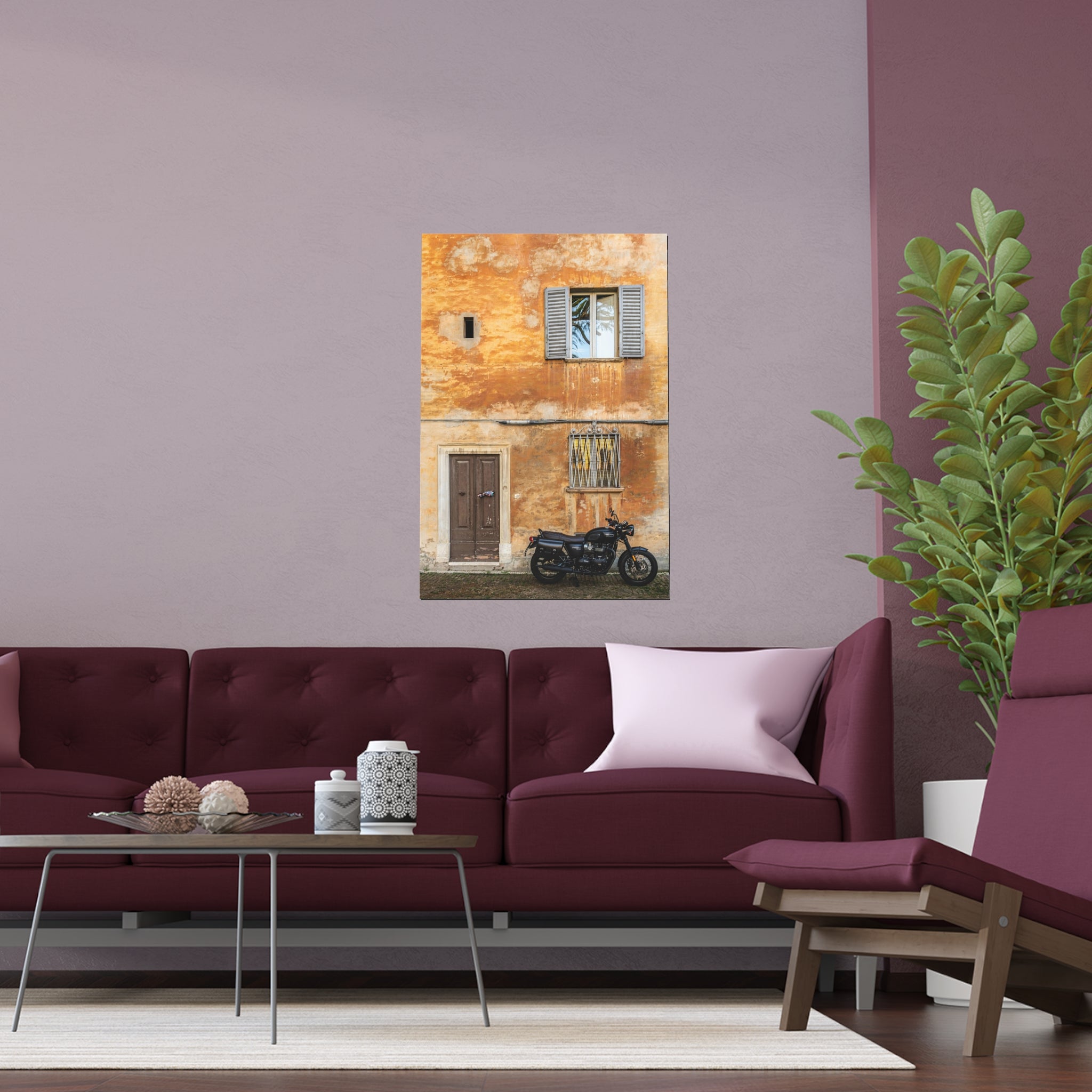 Vintage Yellow Facade with Motorcycle Silk Poster