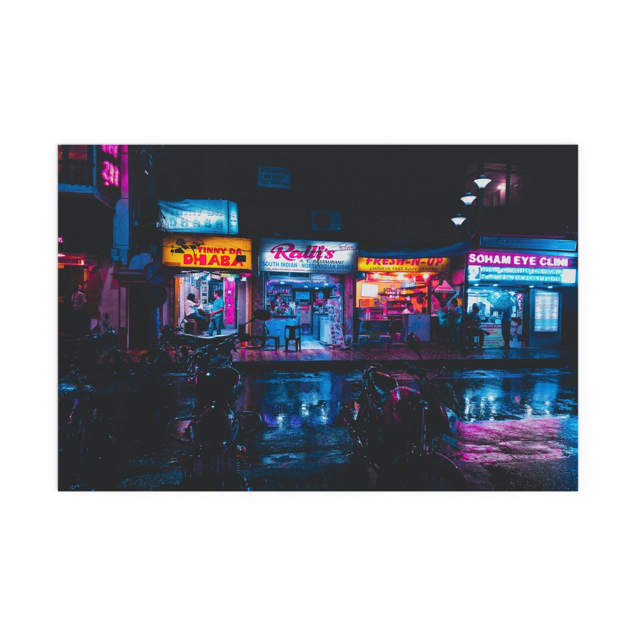 Neon City Nightscape Silk Poster | Urban Street Signs, Rainy Reflection