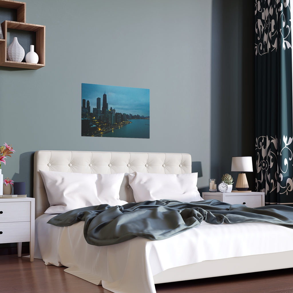 City skyline at dusk Silk Poster | Indoor outdoor wall art