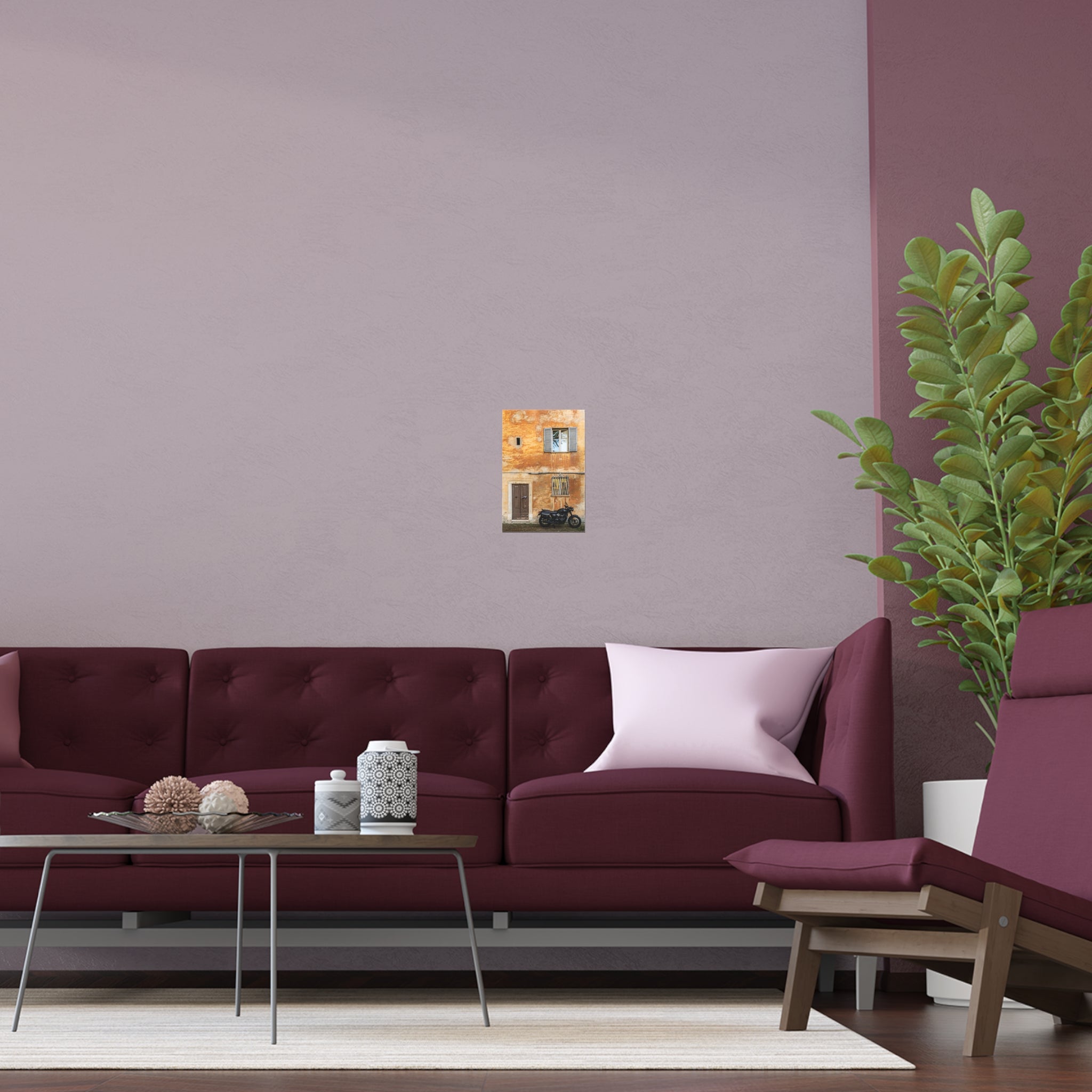 Vintage Yellow Facade with Motorcycle Silk Poster