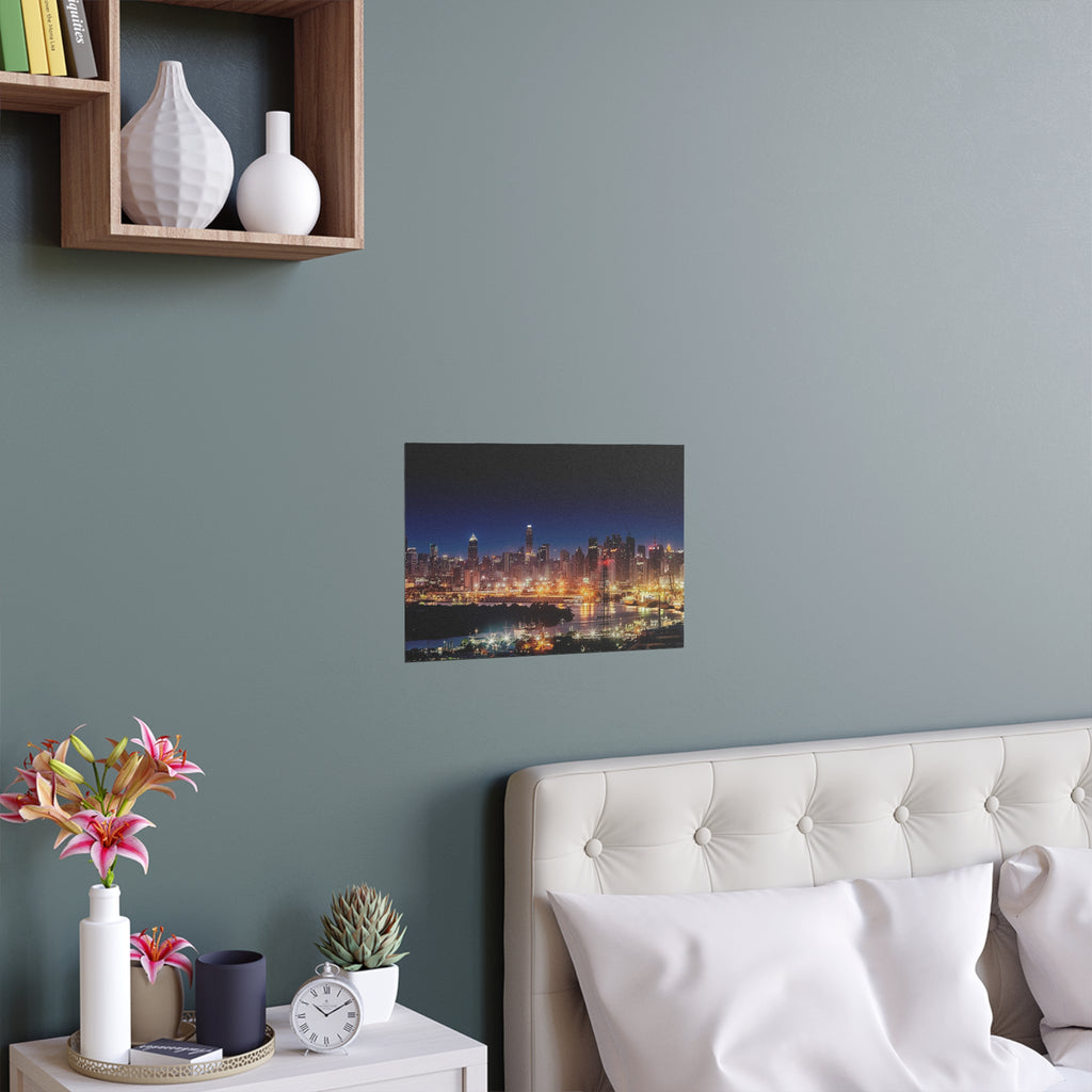 Night City Skyline Silk Poster | Urban Chicago Lights Wall Art