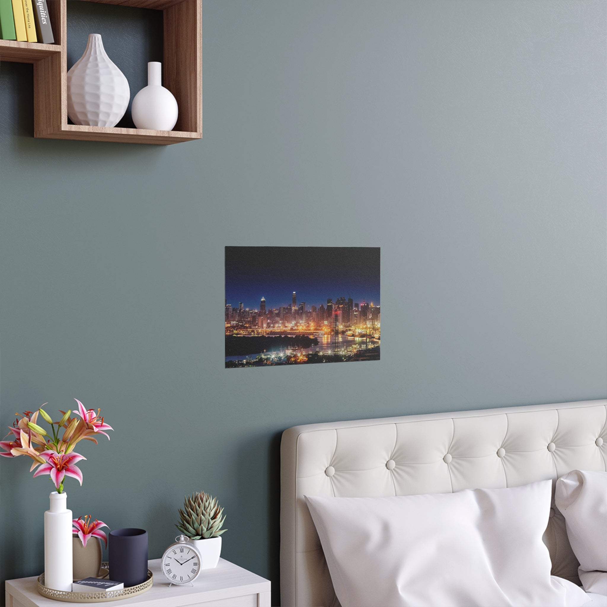 Night City Skyline Silk Poster | Urban Chicago Lights Wall Art