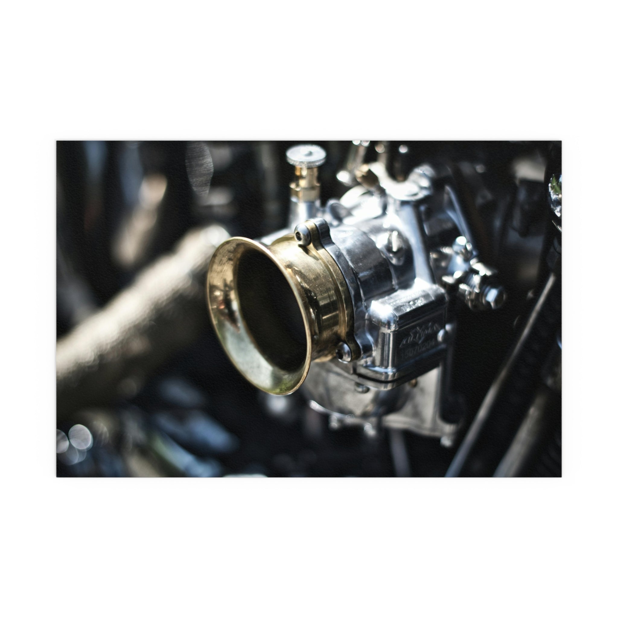 Vintage Carburetor Photography Silk Poster | Automotive Wall Art, Mechanical Close-Up