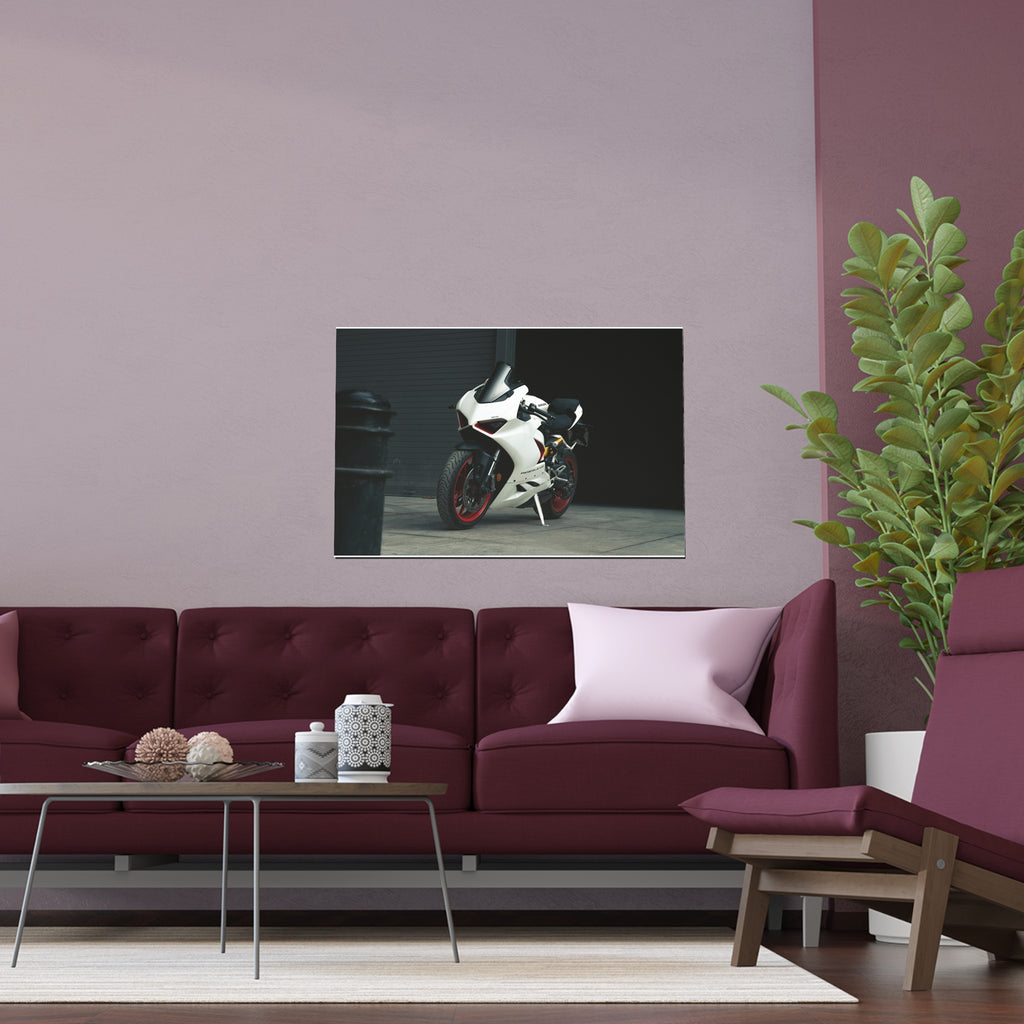 White Sport Motorcycle Poster Silk Print | Indoor Outdoor Wall Art