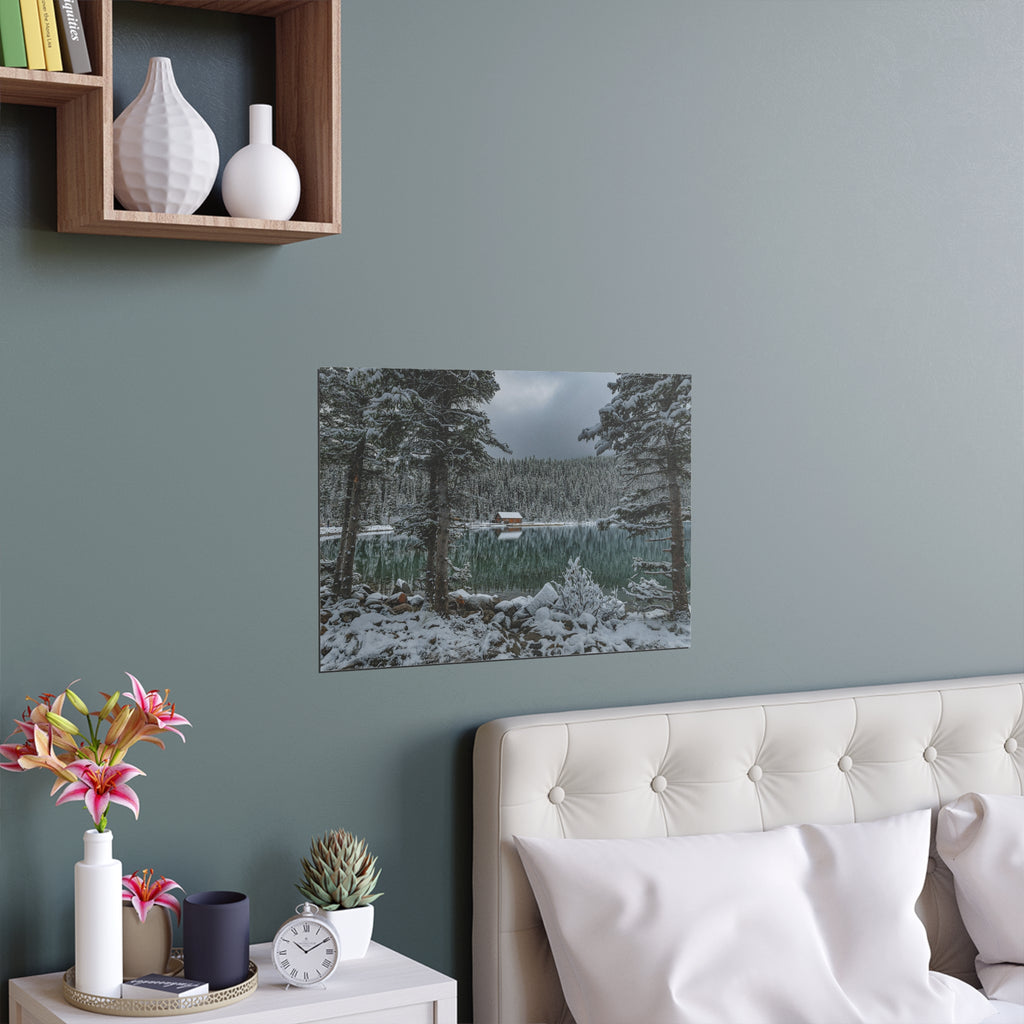 Snowy Pine Lake Cabin Poster | Silk Poster