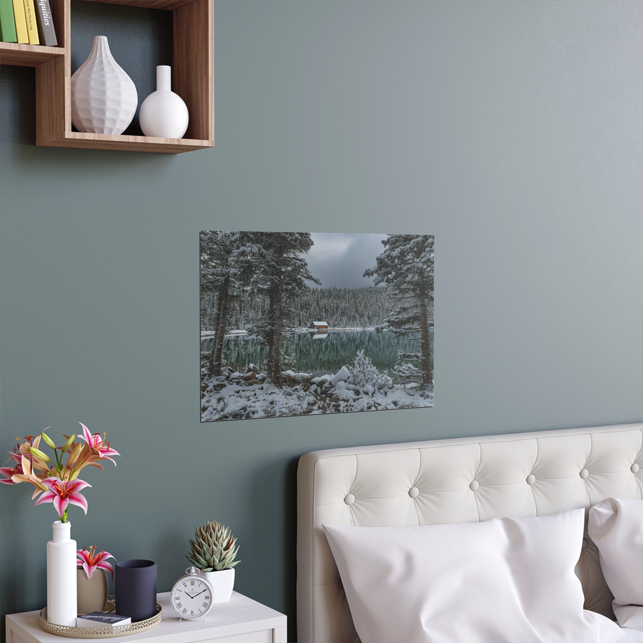 Snowy Pine Lake Cabin Poster | Silk Poster