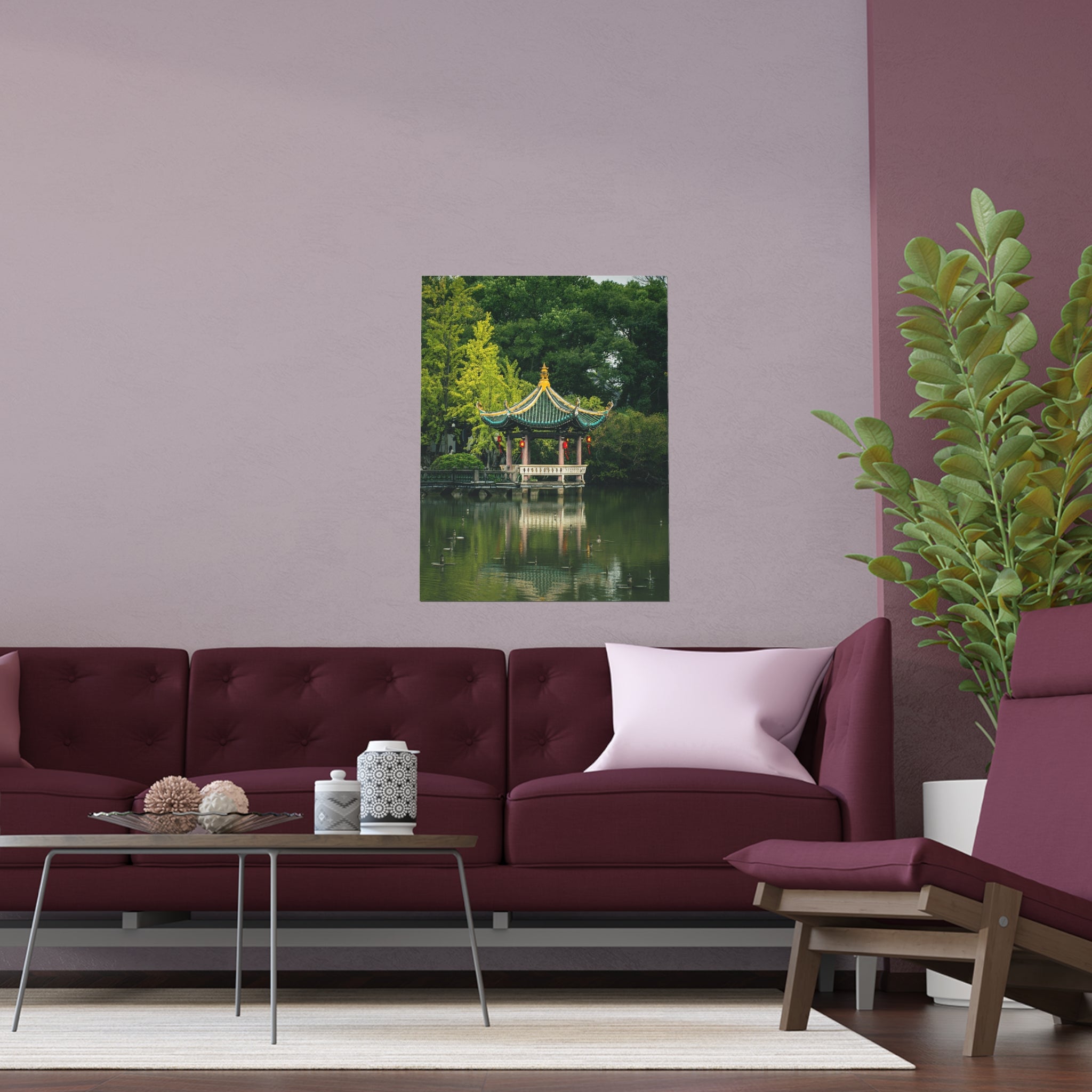 Chinese Garden Pavilion Silk Poster | Oriental Pagoda Wall Art