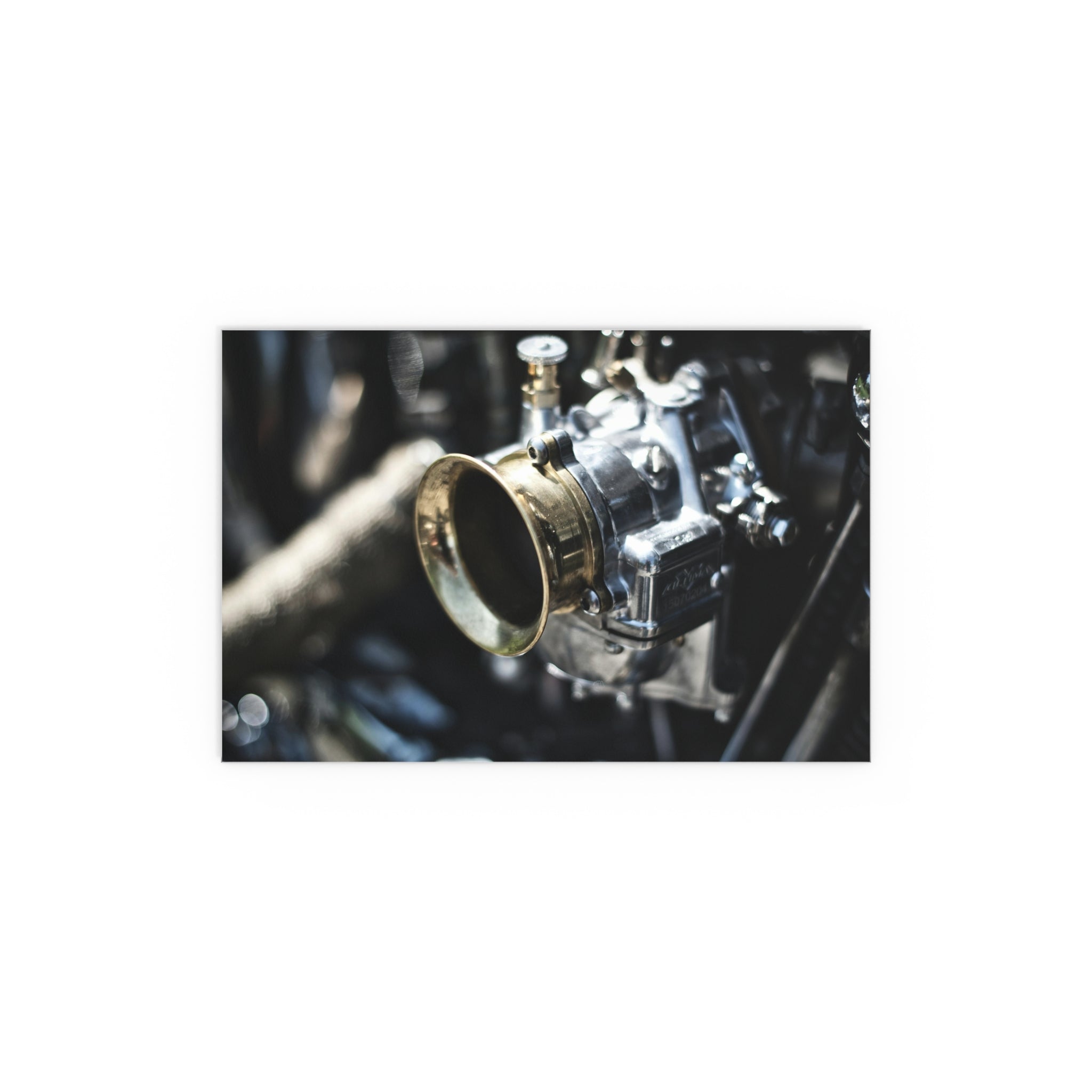 Vintage Carburetor Photography Silk Poster | Automotive Wall Art, Mechanical Close-Up