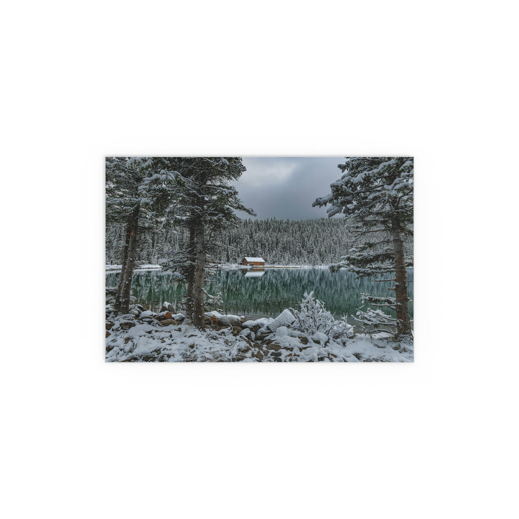 Snowy Pine Lake Cabin Poster | Silk Poster