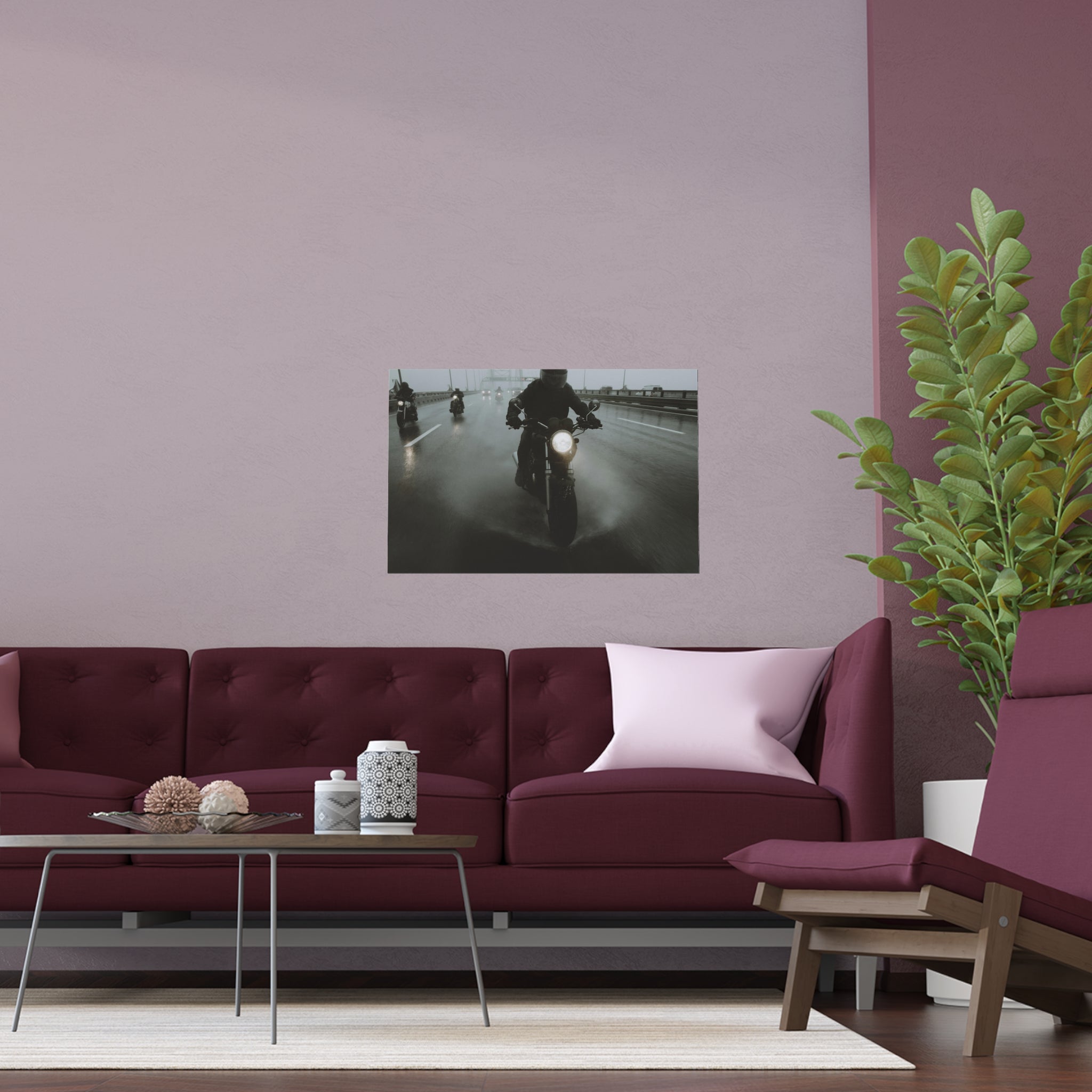 Motorcycle Riders in Rain Silk Poster | Indoor Outdoor