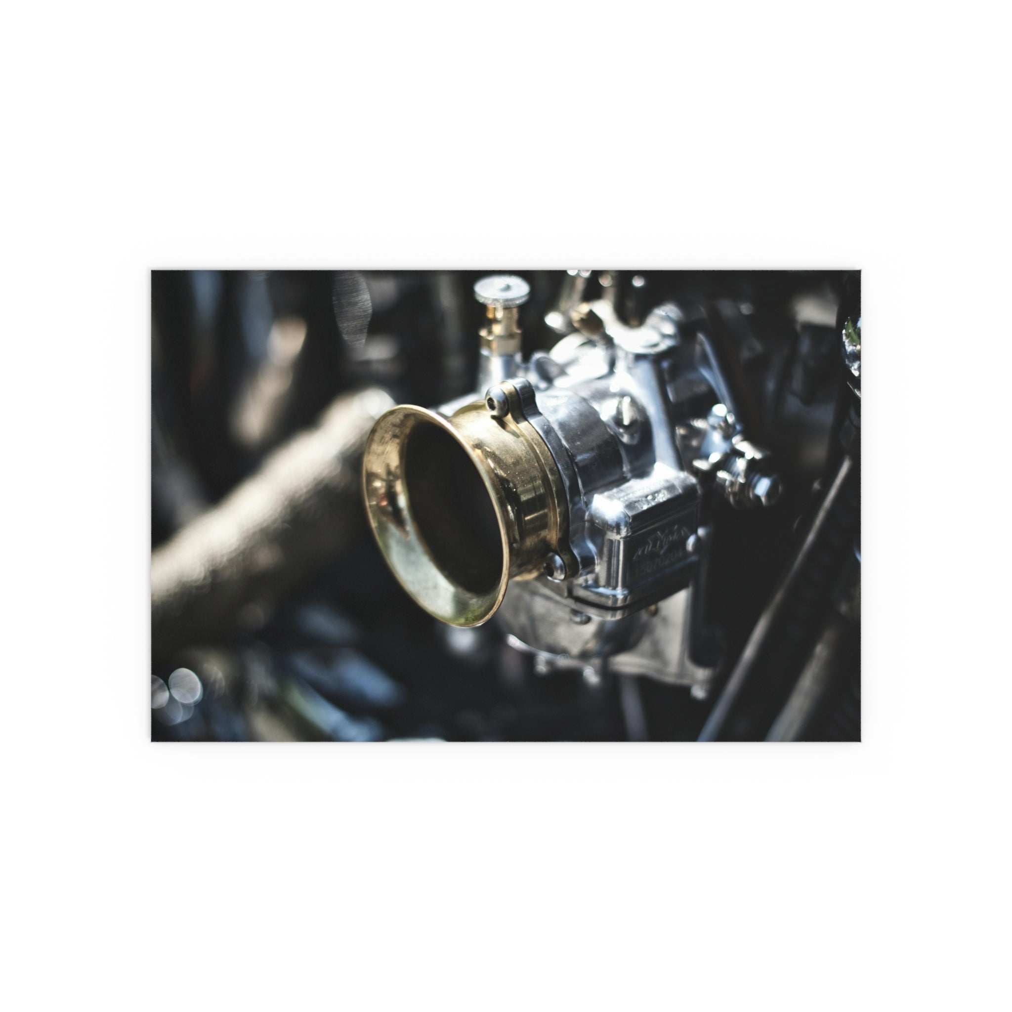Vintage Carburetor Photography Silk Poster | Automotive Wall Art, Mechanical Close-Up